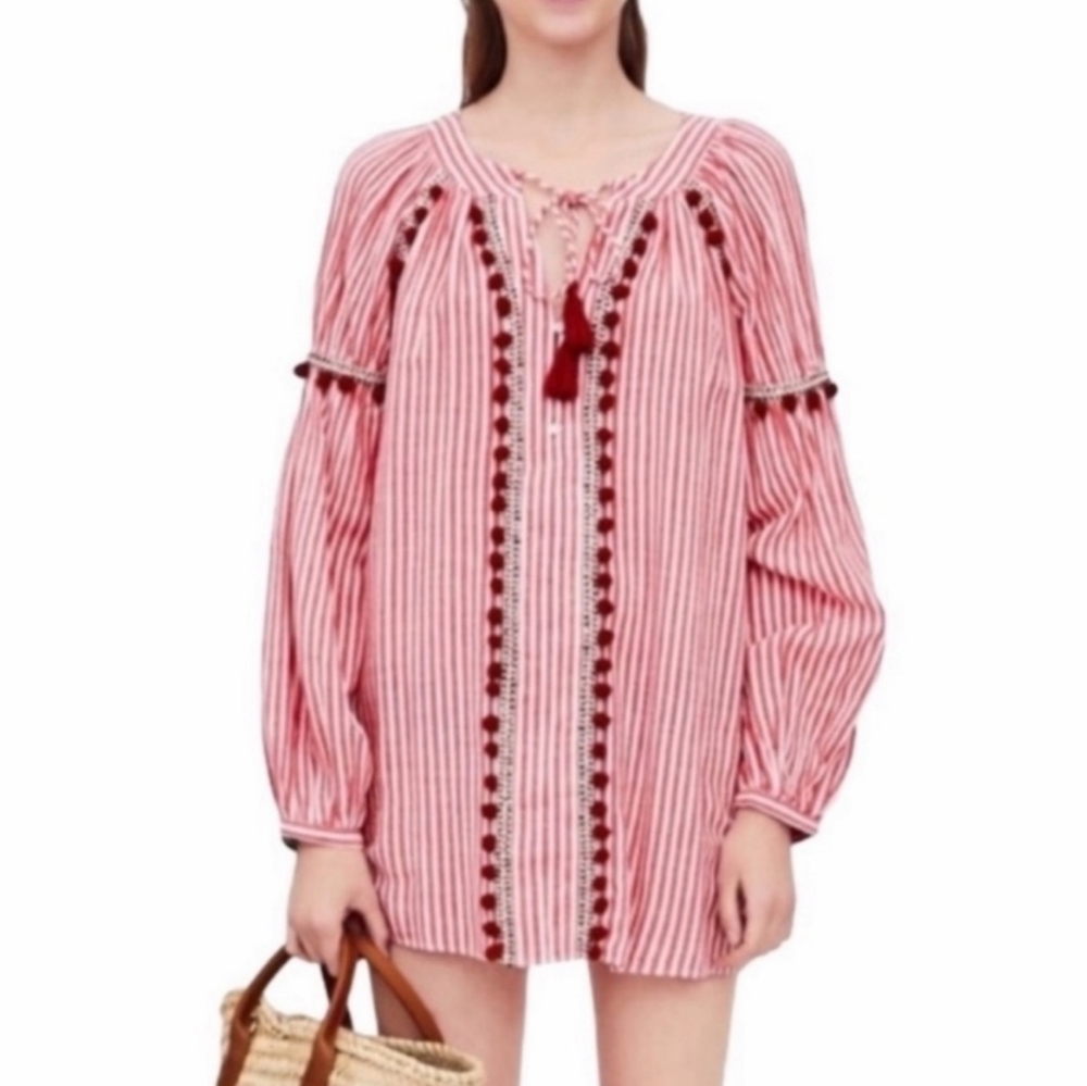Zara Boho Tunic Dress Womens Medium Red White Stripe Pom Pom Tassel Long Sleeve